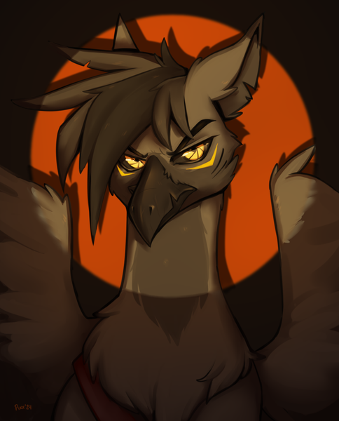 Size: 832x1032 | Tagged: safe, artist:pixxpal, derpibooru import, oc, oc:spar grimfeathers, gryphon, beak, eared griffon, evil, feather, gift art, griffon oc, image, lighting, male, png, solo, solo male