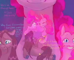 Size: 1600x1300 | Tagged: safe, artist:abbytabbys, derpibooru import, pinkie pie, earth pony, pony, g4, alternate universe, blue eyes, blue hooves, blue pupils, blue text, broken destiny au, bust, colored hooves, colored pupils, crying, curly mane, curly tail, dialogue, duality, eye clipping through hair, eyelashes, facing you, female, floppy ears, frown, glow, glowing body, glowing mane, glowing tail, gradient background, hoof heart, hooves, image, jpeg, looking at someone, looking at you, looking away, mare, multiple angles, pink coat, pink mane, pink tail, pink text, pinkamena diane pie, profile, self paradox, self ponidox, self reflection, shiny mane, shiny tail, smiling, smiling at someone, smiling at you, sparkles, sparkly body, sparkly coat, sparkly eyes, sparkly mane, sparkly tail, straight mane, straight tail, tail, talking, three quarter view, underhoof, unshorn fetlocks, wall of tags, white pupils, wingding eyes, yellow hooves, yellow text