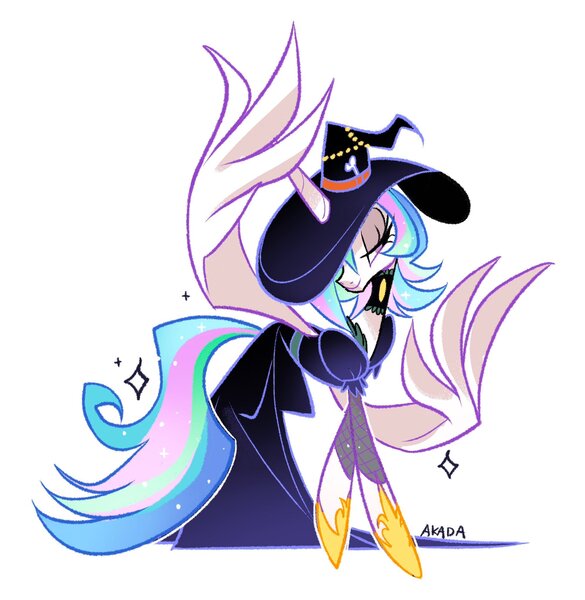 Size: 1996x2048 | Tagged: safe, artist:akada, derpibooru import, princess celestia, alicorn, black dress, choker, clothes, costume, dress, ethereal mane, ethereal tail, feathered wings, female, halloween, halloween costume, hat, holiday, horn, image, jpeg, lidded eyes, pink eyes, signature, simple background, solo, solo female, tail, tiptoe, white background, white fur, wings, witch hat, witch outfit