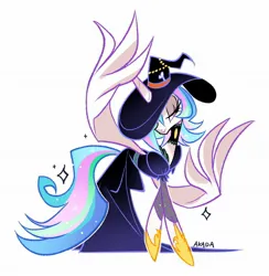 Size: 1996x2048 | Tagged: safe, artist:akada, derpibooru import, princess celestia, alicorn, black dress, choker, clothes, costume, dress, ethereal mane, ethereal tail, feathered wings, female, halloween, halloween costume, hat, holiday, horn, image, jpeg, lidded eyes, pink eyes, signature, simple background, solo, solo female, tail, tiptoe, white background, white fur, wings, witch hat, witch outfit