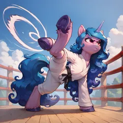 Size: 1024x1024 | Tagged: safe, ai content, derpibooru import, machine learning generated, prompter:not lawrence, stable diffusion, izzy moonbow, pony, unicorn, g5, black belt, clothes, female, frown, generator:pony diffusion v6 xl, gi, horn, image, jpeg, kick, mare, martial arts, solo