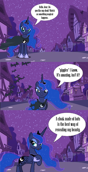 Size: 1285x2523 | Tagged: safe, artist:dashiesparkle, artist:fruft, derpibooru import, princess luna, g4, 3 panel comic, bat cloak, cloak, clothes, comic, image, jpeg, night, ponyville, talking to viewer