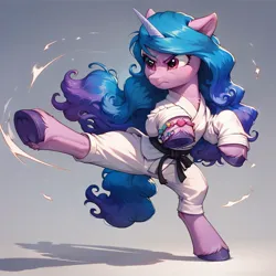 Size: 1024x1024 | Tagged: safe, ai content, derpibooru import, machine learning generated, prompter:not lawrence, stable diffusion, izzy moonbow, pony, unicorn, g5, black belt, clothes, female, generator:pony diffusion v6 xl, gi, horn, image, jpeg, kick, mare, martial arts, solo