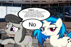 Size: 2048x1365 | Tagged: safe, artist:epicheavytf2, artist:pyrogaming, derpibooru import, octavia melody, vinyl scratch, ponified, earth pony, pony, unicorn, g4, absolutenutcase162, black text, computer, computer room, duo, female, horn, image, looking at you, mare, meme, nasa, png, ponified meme, screen, shitposting, smiling, smug, speech bubble, text, this will end in death, this will end in explosions, this will end in tears, this will end in tears and/or death, worried, wrong aspect ratio