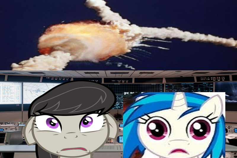 Size: 2048x1365 | Tagged: safe, artist:epicheavytf2, artist:pyrogaming, derpibooru import, octavia melody, vinyl scratch, ponified, earth pony, pony, unicorn, g4, absolutenutcase162, challenger, computer, computer room, death, duo, explosion, female, floppy ears, horn, image, implied death, irl, mare, meme, mistakes were made, nasa, open mouth, photo, png, ponified meme, scared, screen, shitposting, worried, wrong aspect ratio