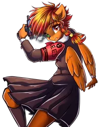 Size: 3508x4320 | Tagged: safe, artist:chaosangeldesu, derpibooru import, oc, oc:flaming hoof, unofficial characters only, anthro, pegasus, clothes, cosplay, costume, gun, image, persona, persona 3, png, skirt, solo, weapon