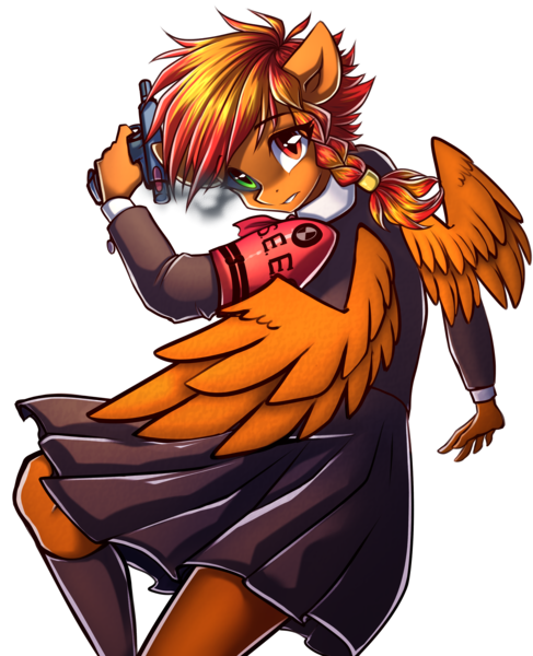 Size: 3508x4320 | Tagged: safe, artist:chaosangeldesu, derpibooru import, oc, oc:flaming hoof, unofficial characters only, anthro, pegasus, clothes, commission, cosplay, costume, gun, image, persona, persona 3, png, skirt, solo, spread wings, weapon, wings