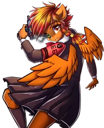 Size: 3508x4320 | Tagged: safe, artist:chaosangeldesu, derpibooru import, oc, oc:flaming hoof, unofficial characters only, anthro, pegasus, clothes, commission, cosplay, costume, gun, image, persona, persona 3, png, skirt, solo, spread wings, weapon, wings