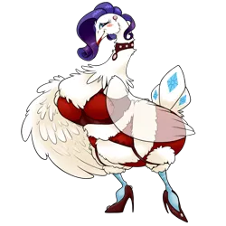 Size: 4000x4000 | Tagged: suggestive, artist:wtfponytime, derpibooru import, rarity, bird, chicken, beak, blushing, bra, chest fluff, choker, clothes, ear piercing, earring, embarrassed, fluffy, garter belt, garter straps, hen, high heels, image, jewelry, lingerie, lipstick, makeup, panties, piercing, png, race swap, shoes, shy, simple background, solo, transformed, transparent background, underwear, uniboob, wing fluff, wings