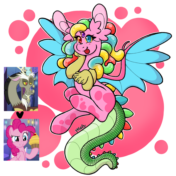 Size: 1200x1200 | Tagged: safe, artist:petaltheartist, derpibooru import, discord, pinkie pie, oc, oc:sour bubble tootsie pop, draconequus, cupcake, food, image, interspecies offspring, offspring, parent:discord, parent:pinkie pie, parents:discopie, png, third eye