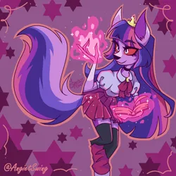 Size: 1800x1800 | Tagged: safe, artist:angietswing, derpibooru import, twilight sparkle, anthro, demon, hellhound, g4, abstract background, book, choker, clothes, demonized, eyebrows, eyebrows visible through hair, female, furry, hellaverse, hellborn, hellhoundified, helluva boss, image, jewelry, magic, png, red sclera, regalia, skirt, solo, species swap, spellbook, style emulation