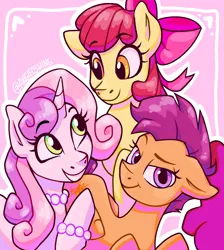 Size: 1696x1896 | Tagged: safe, artist:angietswing, derpibooru import, apple bloom, scootaloo, sweetie belle, earth pony, pegasus, pony, unicorn, g4, abstract background, bracelet, cutie mark crusaders, female, filly, foal, horn, image, jewelry, necklace, pearl necklace, png, trio