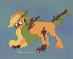 Size: 1600x1300 | Tagged: safe, artist:abbytabbys, derpibooru import, applejack, hybrid, timber wolf, g4, applejack's hat, blonde hair, blonde mane, chest fluff, claws, colored chest fluff, colored claws, colored eyebrows, colored hooves, colored pupils, colored sketch, cowboy hat, emanata, fangs, female, frown, gradient background, green eyes, green pupils, hat, hooves, image, jpeg, long hair, long mane, looking back, narrowed eyes, open mouth, orange coat, orange fur, orange hooves, plewds, requested art, sketch, species swap, stetson, three quarter view, timber wolfified, transformed, unshorn fetlocks, wide stance, yellow text