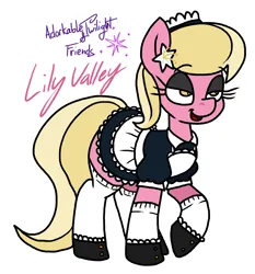 Size: 2010x2154 | Tagged: safe, artist:adorkabletwilightandfriends, derpibooru import, lily, lily valley, comic:adorkable twilight and friends, g4, adorkable, adorkable friends, clothes, colored, costume, cute, dork, dress, image, maid, maid headdress, outfit, patreon, patreon link, png, poster, promotional art, pupils, shoes, smiling, socks