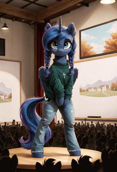 Size: 800x1169 | Tagged: safe, ai content, derpibooru import, machine learning generated, prompter:gregorymars, stable diffusion, princess luna, alicorn, pony, semi-anthro, g4, 8 mile, bipedal, braid, clothes, cross, cross necklace, crowd, denim, female, generator:pony diffusion v6 xl, image, indoors, jeans, jewelry, jpeg, mare, necklace, pants, rap battle, solo, stage, standing, sweater