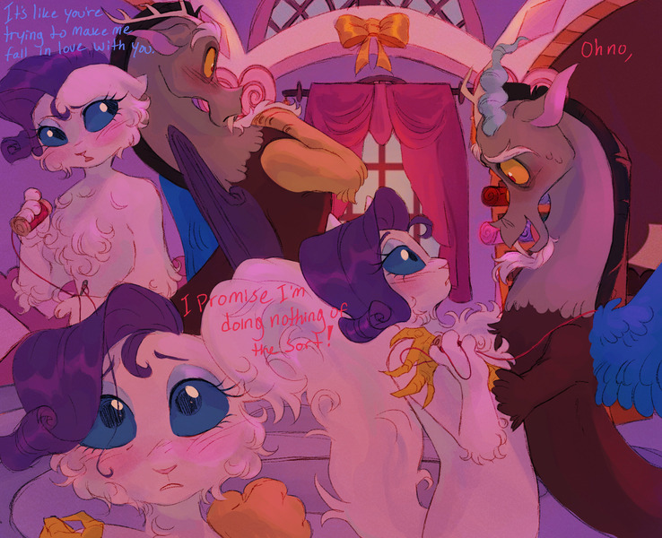 Size: 1600x1300 | Tagged: safe, artist:abbytabbys, derpibooru import, discord, rarity, abyssinian, draconequus, g4, abyssinianized, alternate universe, arm fluff, beard, black hair, blue eyes, blue eyeshadow, blue text, blush lines, blushing, broken destiny au, brown fur, bushy tail, carousel boutique, cheek fluff, chest fluff, colored eyebrows, colored horns, colored pinnae, colored sclera, colored wings, curtains, dialogue, duo, duo male and female, elbow fluff, eye clipping through hair, eyebrows, eyebrows visible through hair, eyelashes, eyeshadow, facial hair, facing each other, facing you, fangs, female, floppy ears, fluffy tail, frown, hand on shoulder, height difference, holding, image, indoors, jpeg, looking at each other, looking at someone, looking back, makeup, male, mismatched horns, mismatched legs, mismatched wings, multiple angles, neck fluff, needle, open frown, open mouth, open smile, paw on shoulder, pink text, profile, purple hair, raricat, raricord, red eyes, ringlets, shiny hair, shipping, smiling, species swap, spool, spread wings, straight, sweat, tail, talking, thread, three quarter view, transformed, white fur, window, wings, yellow sclera