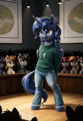 Size: 800x1169 | Tagged: safe, ai content, derpibooru import, machine learning generated, prompter:gregorymars, stable diffusion, princess luna, alicorn, pony, semi-anthro, g4, 8 mile, bipedal, braid, clothes, cross, cross necklace, crowd, denim, female, generator:pony diffusion v6 xl, image, indoors, jeans, jewelry, jpeg, mare, necklace, pants, rap battle, solo, stage, standing, sweater