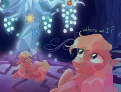 Size: 1700x1300 | Tagged: safe, artist:abbytabbys, derpibooru import, applejack, tree of harmony, earth pony, pony, g4, alternate universe, blonde mane, blonde tail, broken destiny au, cave, colored eyebrows, colored pupils, dialogue, element of honesty, eyebrows, eyelashes, female, floppy ears, freckles, frown, green eyes, green pupils, green text, hatless, image, indoors, jpeg, long mane, long tail, looking away, looking down, looking up, lying down, mare, missing accessory, orange coat, prone, raised eyebrow, raised hoof, screencap background, shiny mane, shiny tail, solo, tail, talking, waking up