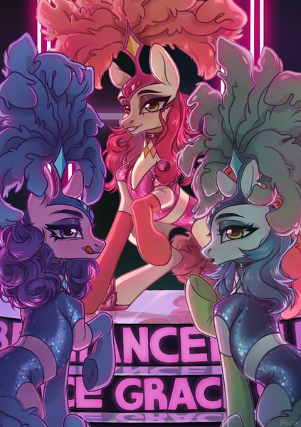 Size: 1353x1920 | Tagged: artist needed, safe, derpibooru import, emerald flare, sapphire sequins, sunset circus, earth pony, pony, g4, bedroom eyes, burlesque, clothes, costume, eyeshadow, female, females only, image, jpeg, licking, licking lips, looking at you, makeup, mare, plume, show mares, smiling, smiling at you, sultry pose, tongue out, trio