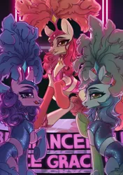 Size: 1353x1920 | Tagged: artist needed, safe, derpibooru import, emerald flare, sapphire sequins, sunset circus, earth pony, pony, g4, bedroom eyes, burlesque, clothes, costume, eyeshadow, female, females only, image, jpeg, licking, licking lips, looking at you, makeup, mare, plume, show mares, smiling, smiling at you, sultry pose, tongue out, trio