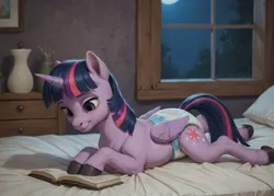 Size: 1696x1216 | Tagged: safe, ai content, derpibooru import, machine learning generated, prompter:cayuse, stable diffusion, twilight sparkle, twilight sparkle (alicorn), alicorn, pony, g4, abdl, bed, bedroom, book, diaper, female, generator:ponydiffusion, horn, image, indoors, lying down, moon, night, non-baby in diaper, png, reading, solo, solo female, that pony sure does love books, window, wings