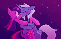 Size: 1229x801 | Tagged: safe, artist:tricky_cannon, derpibooru import, trixie, twilight sparkle, pony, unicorn, g4, female, horn, image, jpeg, kissing, lesbian, my little pony the movie: the death of twilight sparkle, shipping, stars, twixie