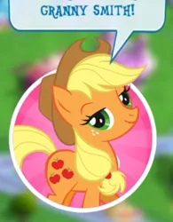 Size: 404x517 | Tagged: safe, derpibooru import, applejack, earth pony, pony, gameloft, image, jpeg, looking at you, meme, smiling, solo, speech bubble, wow! glimmer