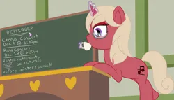 Size: 3500x2000 | Tagged: safe, artist:mariculture, ponerpics import, oc, oc:happy heartsong, unofficial characters only, pony, unicorn, chalk, chalkboard, classroom, cup, desk, drinking, female, glasses, horn, image, magic, mare, png, school, solo, teacup, telekinesis, unicorn oc