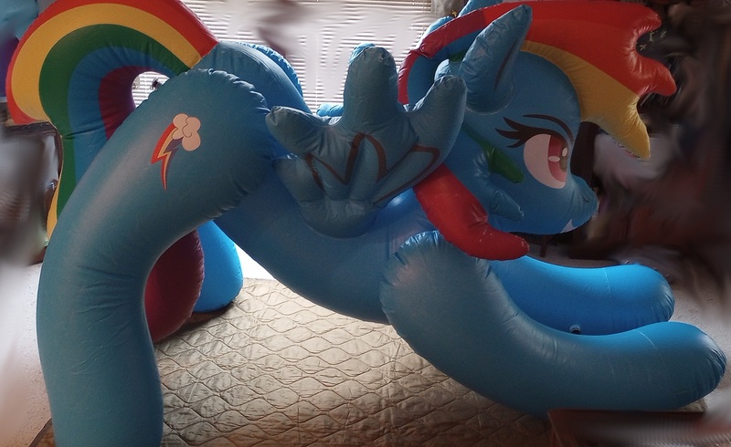 Size: 3000x1836 | Tagged: safe, derpibooru import, photographer:anonymous, rainbow dash, inflatable pony, pegasus, pony, g4, bootleg, facing right, female, hongyi, image, indoors, inflatable, inflatable pegasus, inflation valve, inflation valve on butt, irl, iwtcird, jpeg, mare, meme, opaque inflatable, photo, solo