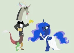 Size: 748x532 | Tagged: safe, artist:marvelous-mystery, artist:selenaede, derpibooru import, discord, princess luna, alicorn, draconequus, pony, 2015, base used, clothes, dress, duo, duo male and female, female, horn, horn ring, image, jewelry, jpeg, male, marriage, needs more jpeg, raised hoof, recolor, regalia, ring, ship:lunacord, shipping, straight, suit, wedding, wedding dress, wedding ring