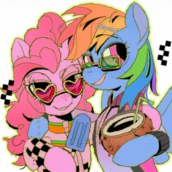 Size: 1280x1280 | Tagged: safe, artist:poneko-chan, derpibooru import, pinkie pie, rainbow dash, earth pony, pegasus, pony, g4, arms around neck, coconut cup, duo, duo female, eyebrows, eyebrows visible through hair, female, food, glasses, heart shaped glasses, image, jpeg, lidded eyes, looking at you, mare, outline, popsicle, simple background, smiling, smiling at you, straw, white background