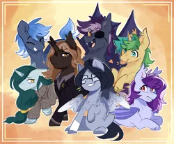 Size: 2281x1883 | Tagged: safe, artist:sunny synopsis, derpibooru import, oc, oc:brass tacks, oc:bright eyes, oc:gloomy, oc:lavender, oc:nox, oc:quick tie, oc:riptide, bat pony, earth pony, pony, unicorn, clothes, cute, cute little fangs, daaaaaaaaaaaw, eyepatch, fangs, female, glare, glasses, group, group photo, horn, image, jpeg, male, mare, multicolored hair, orange background, simple background, smiling, stallion, sweater, tongue out