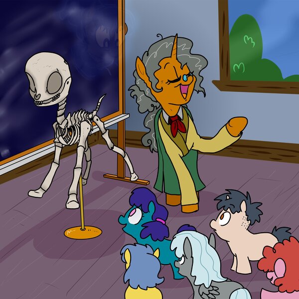 Size: 2048x2048 | Tagged: safe, artist:pony quarantine, derpibooru import, oc, oc:bo, unofficial characters only, earth pony, ghost, ghost pony, pegasus, pony, skeleton pony, undead, unicorn, bone, classroom, colt, eyes closed, female, filly, foal, glasses, horn, image, jpeg, male, mare, open mouth, open smile, round glasses, skeleton, smiling, teacher