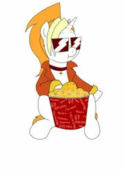 Size: 1200x1670 | Tagged: safe, artist:pony quarantine, derpibooru import, oc, oc:dyx, unofficial characters only, alicorn, pony, choker, clothes, eating, female, filly, foal, food, image, jacket, jpeg, popcorn, popcorn bucket, simple background, sitting, solo, sunglasses, white background