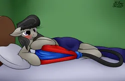 Size: 2151x1404 | Tagged: suggestive, artist:the-furry-railfan, derpibooru import, octavia melody, earth pony, g4, bed, bellows, blanket, blushing, hose, image, implied anal insertion, implied insertion, inflatable, inflation, pillow, png, this will end in balloons