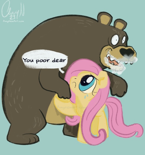 Size: 1426x1524 | Tagged: safe, artist:amynewblue, derpibooru import, fluttershy, bear, pegasus, pony, g4, :c, blue background, cocaine, cocaine bear, crying, drugs, female, fluttershy being fluttershy, foaming at the mouth, frown, hug, image, jpeg, mare, open mouth, pinpoint eyes, signature, simple background, speech bubble