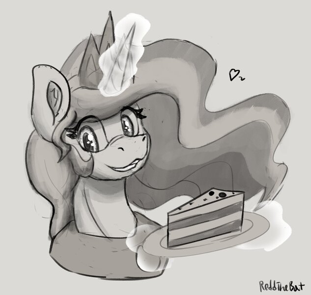 Size: 2013x1909 | Tagged: safe, artist:reddthebat, derpibooru import, princess celestia, alicorn, pony, g4, cake, cakelestia, ear fluff, female, food, glow, glowing horn, gray background, grayscale, grin, horn, image, jpeg, looking at you, magic, mare, monochrome, simple background, smiling, smiling at you, solo, sternocleidomastoid, telekinesis