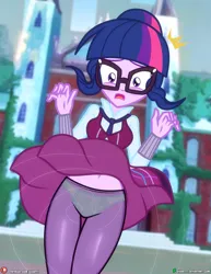 Size: 1500x1942 | Tagged: suggestive, artist:dieart77, derpibooru import, sci-twi, twilight sparkle, human, equestria girls, friendship games, g4, belly, belly button, blushing, breasts, clothes, crystal prep academy uniform, embarrassed, glasses, image, jpeg, looking at you, necktie, open mouth, panties, panty shot, pantyhose, school uniform, skirt, underwear, upskirt, wardrobe malfunction