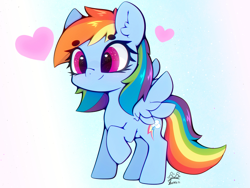 Size: 4000x3000 | Tagged: safe, artist:zokkili, derpibooru import, rainbow dash, pegasus, pony, g4, beanbrows, cute, dashabetes, ear fluff, eyebrows, eyebrows visible through hair, female, heart, high res, image, jpeg, mare, raised hoof, signature, smiling, solo, spread wings, tail, wings