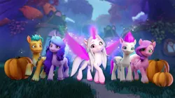 Size: 768x432 | Tagged: safe, derpibooru import, official, hitch trailblazer, izzy moonbow, pipp petals, sunny starscout, zipp storm, alicorn, earth pony, pegasus, pony, unicorn, g5, my little pony: a new generation, 3d, alternate design, alternate hairstyle, artificial horn, artificial wings, augmented, bridlewood, diverse body types, forest, horn, image, magic, magic horn, magic wings, mane five, my little pony: bridlewood rp, nature, nightmare night, outdoors, outright games, png, pumpkin, race swap, roblox, slender, sunnycorn, thin, tree, unshorn fetlocks, wings