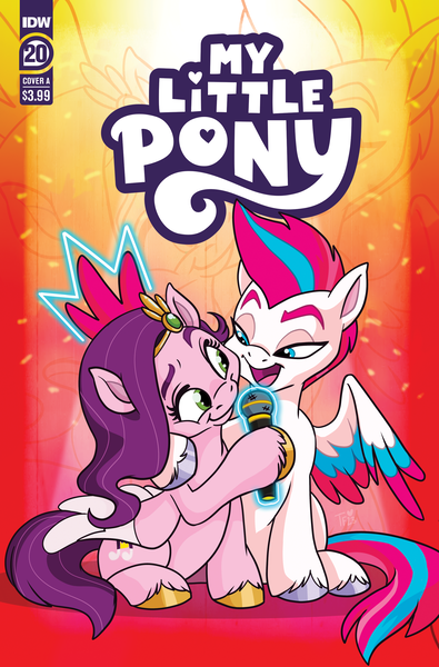 Size: 2063x3131 | Tagged: safe, artist:nanook123, derpibooru import, idw, official, pipp, pipp petals, zipp storm, pegasus, pony, g5, spoiler:comic, spoiler:g5comic, spoiler:g5comic20, colored hooves, comic cover, cover, cover art, duo, duo female, female, gold hooves, height difference, high res, hooves, image, looking at each other, looking at someone, mare, microphone, my little pony logo, neon, official comic, open mouth, open smile, pipp is chubby, pipp is short, png, royal sisters (g5), siblings, silver hooves, sisters, smiling, spread wings, text, unshorn fetlocks, wings