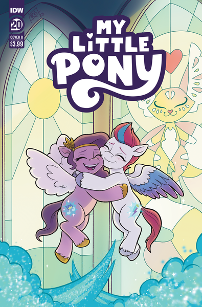 Size: 2063x3131 | Tagged: safe, artist:robin easter, derpibooru import, idw, official, pipp petals, zipp storm, fox, pegasus, pony, g5, spoiler:comic, spoiler:g5comic, spoiler:g5comic20, adorapipp, adorazipp, blushing, colored hooves, comic cover, cover, cover art, cute, diadem, duo, female, flying, glowing cutie mark, gold hooves, happy, high res, hooves, hug, image, jewelry, kitsune, mare, milkyway, my little pony logo, official comic, png, regalia, royal sisters (g5), sibling love, siblings, silver hooves, sisterly love, sisters, spread wings, stained glass, text, unshorn fetlocks, wings, wishing well nymph