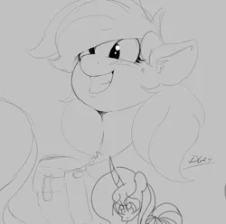 Size: 973x967 | Tagged: safe, artist:thelunarmoon, derpibooru import, derpy hooves, princess luna, alicorn, pegasus, pony, g4, bust, female, gray background, grayscale, grin, image, mare, monochrome, png, simple background, smiling, solo focus