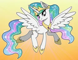 Size: 2206x1701 | Tagged: safe, artist:banquo0, derpibooru import, princess celestia, alicorn, pony, g4, crown, female, flowing mane, flying, gradient background, horn, image, jewelry, jpeg, regalia, smiling, solo, spread wings, wings