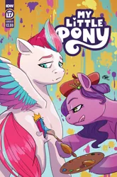 Size: 2063x3131 | Tagged: safe, artist:megan huang, derpibooru import, idw, official, pipp petals, zipp storm, pegasus, pony, g5, spoiler:comic, spoiler:g5, spoiler:g5comic, spoiler:g5comic17, abstract background, beret, coat markings, comic cover, cover, cover art, dexterous hooves, diadem, duo, duo female, female, frown, hat, headband, high res, hoof hold, image, jewelry, mare, my little pony logo, official comic, paint, paintbrush, painting, palette, png, regalia, royal sisters (g5), siblings, sisters, socks (coat marking), spread wings, swapped cutie marks, tongue out, unshorn fetlocks, wings, zipp storm's cutie mark