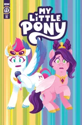 Size: 2063x3131 | Tagged: safe, artist:justasuta, derpibooru import, idw, official, pipp petals, zipp storm, pegasus, pony, g5, spoiler:comic, spoiler:g5, spoiler:g5comic, spoiler:g5comic17, abstract background, comic cover, cover, cover art, crown, cutie mark swap, diadem, duo, duo female, female, headband, high res, hoof hold, hoof polish, image, implied queen haven, jewelry, looking at you, mare, microphone, my little pony logo, official comic, open mouth, png, raised hoof, regalia, royal sisters (g5), siblings, signature, sisters, spread wings, sunglasses, swapped cutie marks, sweat, sweatdrops, unshorn fetlocks, wings