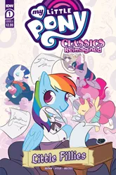 Size: 2063x3131 | Tagged: safe, artist:jenna ayoub, derpibooru import, idw, official, accord, fluttershy, rainbow dash, rarity, twilight sparkle, twilight sparkle (alicorn), alicorn, pony, g4, spoiler:comic, clothes, comic cover, cover, cover art, dress, facial hair, high res, image, little women, moustache, my little pony classics reimagined: little fillies, my little pony logo, official comic, png, quill pen, suit