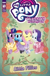 Size: 2063x3131 | Tagged: safe, artist:agnesgarbowska, derpibooru import, idw, official, fluttershy, rainbow dash, rarity, twilight sparkle, alicorn, pegasus, pony, unicorn, g4, spoiler:comic, anniversary, bowtie, clothes, comic cover, cover, cover art, cute, dashabetes, dress, eyes closed, eyeshadow, female, flower, gloves, glow, glowing horn, high res, horn, image, little women, magic, makeup, mare, my little pony classics reimagined: little fillies, my little pony logo, official comic, png