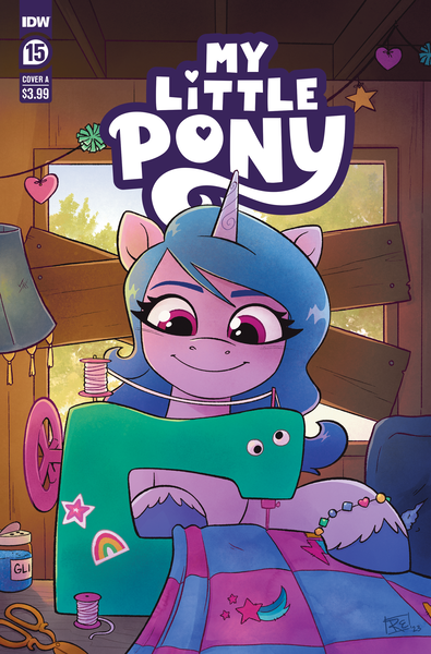 Size: 2063x3131 | Tagged: safe, artist:robin easter, derpibooru import, idw, official, izzy moonbow, pony, unicorn, g5, spoiler:comic, spoiler:g5, spoiler:g5comic, spoiler:g5comic15, blanket, coat markings, comic cover, cover, cover art, female, googly eyes, high res, horn, image, mare, my little pony logo, official comic, png, scissors, sewing, sewing machine, signature, solo