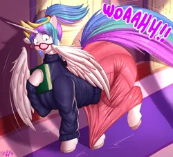 Size: 1050x954 | Tagged: safe, alternate version, artist:derpx1, derpibooru import, princess celestia, alicorn, pony, g4, book, braces, clothes, female, freckles, glasses, image, mare, nerd, png, ponytail, skirt, solo, sweater, tripping, yelling